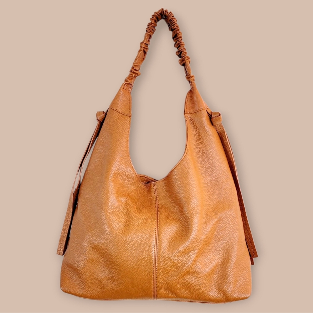 LAGGO Bella British Tan Pebbled Leather Tassle Ruched Hobo Handbag Tote Bag